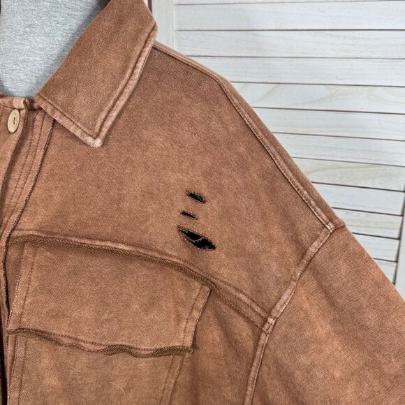 Oddy Distressed Jersey Knit Shacket Cropped Brown Medium Large - Picture 5 of 13